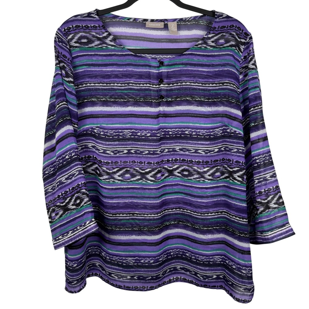 Chico's Large Purple & Green Stripe Henley Sheer Blouse, 3/4 Sleeve Size 2 Large